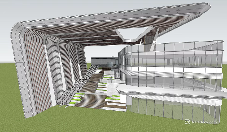 Contemporary Commercial Complex Featuring Glass Facades Metal Structures And Green Lawn 3d model 