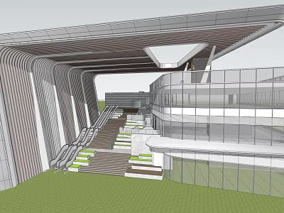 Contemporary Commercial Complex Featuring Glass Facades Metal Structures And Green Lawn 3d model