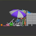 Colorful Beach Equipment Collection Featuring Umbrellas Lounge Chairs Surfboards And Mats