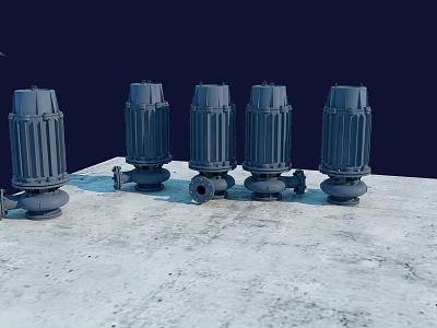 Five Gray Fire Fighting Pumps Placed On Concrete Platform With Dark Blue Background 3d model