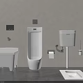 Modern Bathroom Urinal With Bidet Toilet Tank Toilet Paper Holder Floor Drain And Trash Can