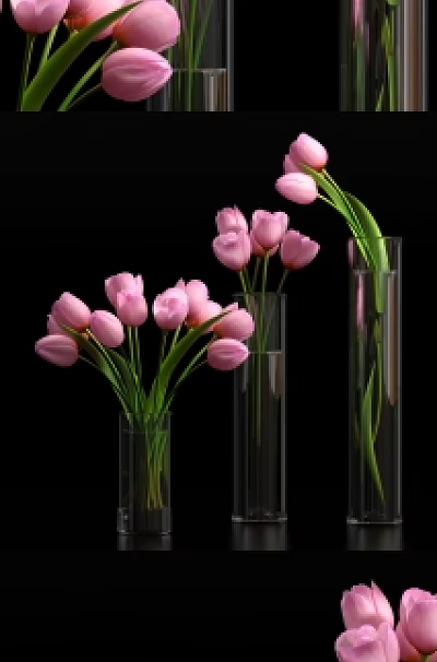 Elegant Pink Tulips Arranged in Transparent Glass Vase for Home Decoration 3d model