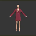 Woman In Red Double Breasted Dress Stands With Outstretched Arms Against Grey Background In Heels