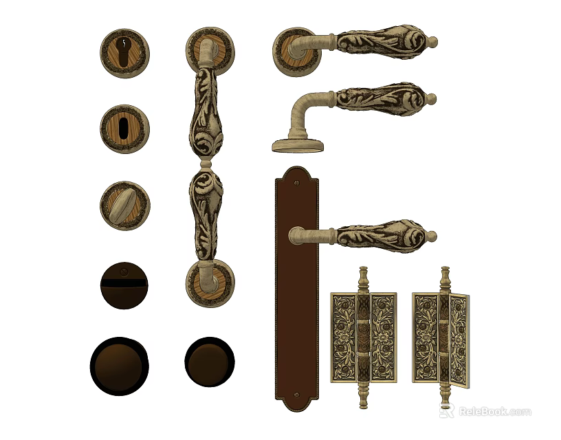 Ornate Vintage Door Handles and Knobs with Decorative Backplates and Levers 3d model 