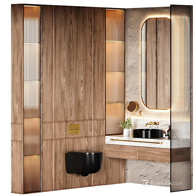 Modern Bathroom Vanity With Wooden Walls Round Mirror Black Basin And Small Plant 3d model 