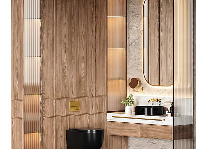 Modern Bathroom Vanity With Wooden Walls Round Mirror Black Basin And Small Plant 3d model
