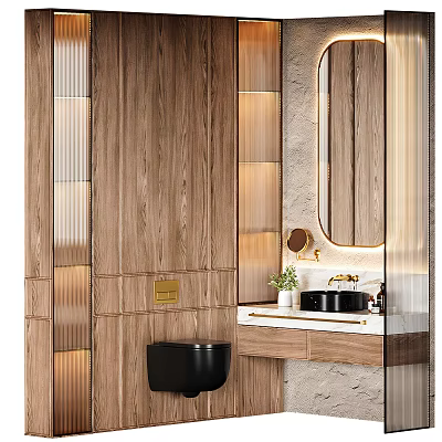 Modern Bathroom Vanity With Wooden Walls Round Mirror Black Basin And Small Plant 3d model