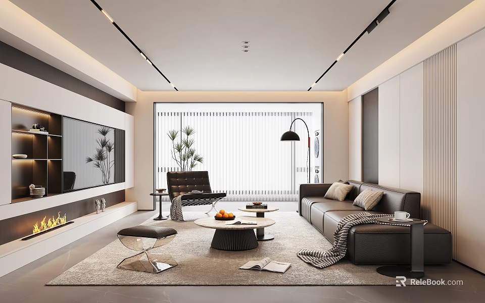Modern Living Room Interior Design With Sofa Coffee Table TV Fireplace Plant And Floor Lamp 3d model 