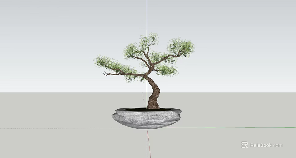 Minimalist Bonsai Tree with Curved Trunk and Green Foliage in Stone Pot 3d model 
