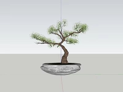 Minimalist Bonsai Tree with Curved Trunk and Green Foliage in Stone Pot 3d model