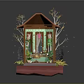 Plants Surrounding Small Wooden Cabin With Green Windows And Potted Flowers