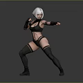 Woman with white short hair wearing black tight fitting sportswear in fighting stance