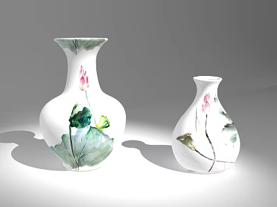 Decorative Ceramic Vases With Hand Painted Lotus And Lily Pad Patterns On White Base 3d model