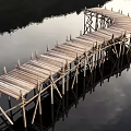 Wooden Boardwalk Structures With Curved And Straight Paths On Calm Water