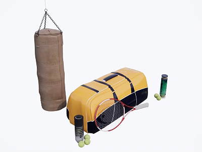 Essential Sports Equipment With Punching Bag Sports Bag Tennis Racket Balls And Water Bottle 3d model
