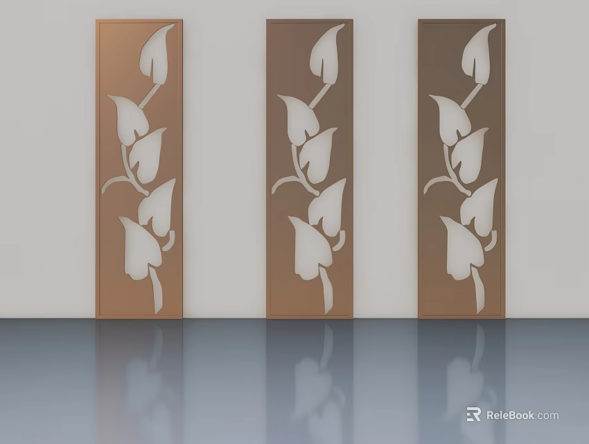 Three Brown Swing Doors With White Leaf Patterns And Decorative Design 3d model
