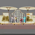 Traditional Stage Performance Scene With Large Umbrellas People In Traditional Costumes And Landscape Screen