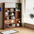 Modern Wooden Desk Setup with Bookshelf Books Photos Laptop Lamp Potted Plant and Chair