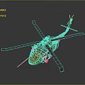 Green Military Helicopter With Blue Rotors And Detailed Fuselage Design