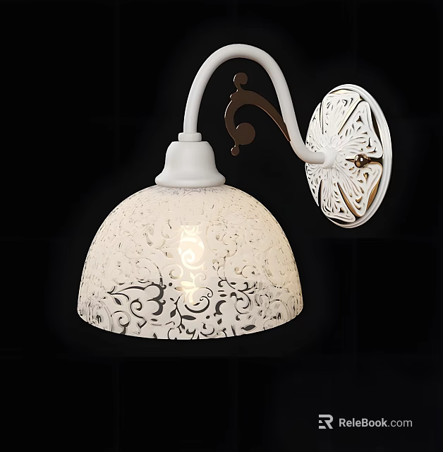 Elegant White Wall Lamp With Intricate Patterned Shade And Curved Arm 3d model 