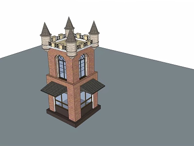 Red Brick Tower With Pointed Turrets And Two Story Windows Structure 3d model
