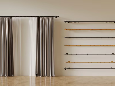 Modern Curtains with Gray and White Layers and Different Curtain Rod Styles on 3d model