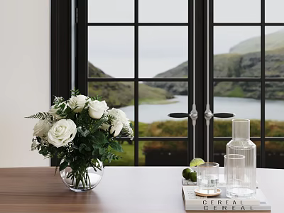 White Roses Arrangement in Transparent Vase on Wooden Table with Scenic Mountain Lake View 3d model