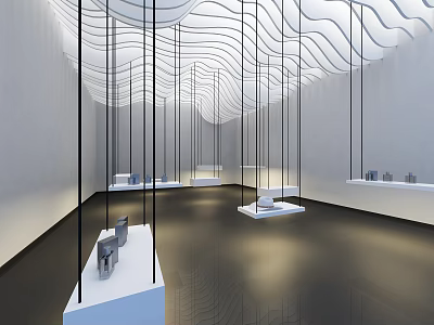 Modern Exhibition Space Interior With Wavy Ceiling Black Columns And White Display Platforms 3d model