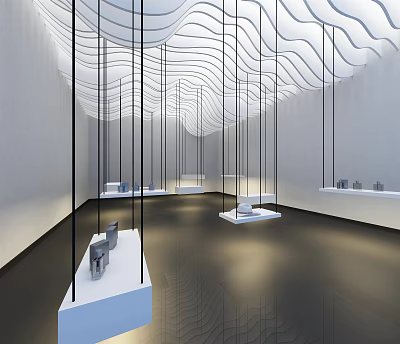 Modern Exhibition Space Interior With Wavy Ceiling Black Columns And White Display Platforms 3d model