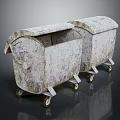 Two Rustic Metal Trash Bins With Lids And Wheels On Gray Background