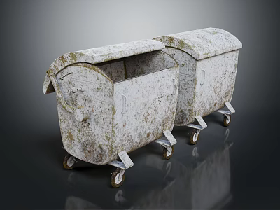 Two Rustic Metal Trash Bins With Lids And Wheels On Gray Background 3d model