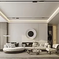 Modern Living Dining Area With Recessed Cove Lighting Wood White TV Wall And Gray Sofa
