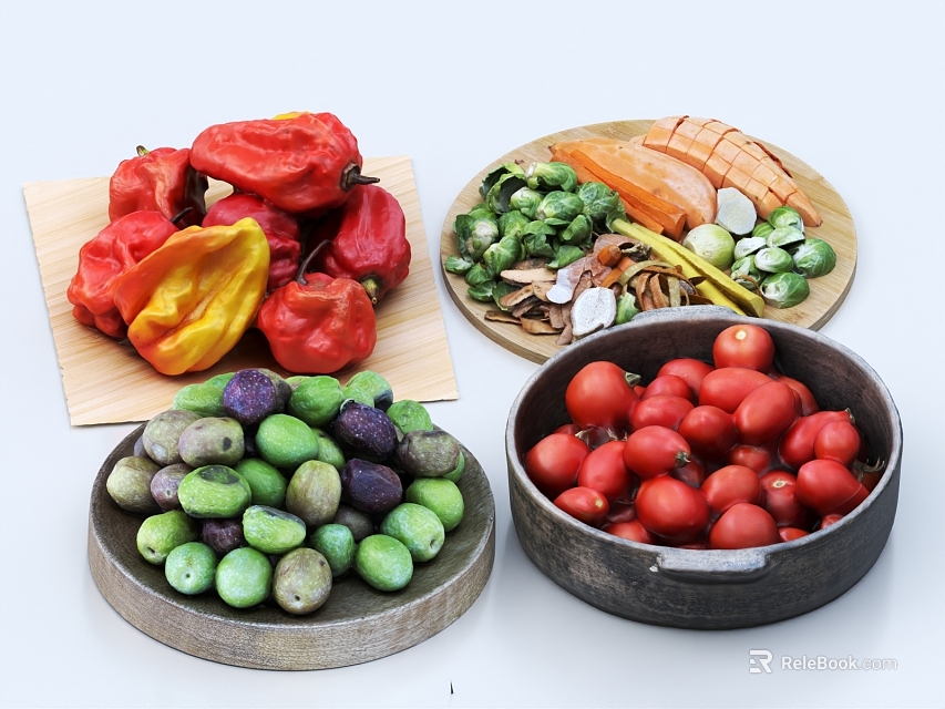 Fresh Assorted Fruits Red Tomatoes And Purple Green Olives In Bowls Wooden Plates 3d model 