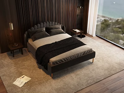 Modern Double Bed with Curved Headboard Gray Pillows Wooden Panel Wall and Sea View Window 3d model