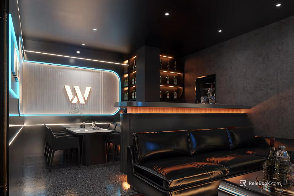 Modern KTV Interior Design With Black Leather Sofa Bar Counter And Bottle Shelves 3d model 