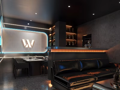 Modern KTV Interior Design With Black Leather Sofa Bar Counter And Bottle Shelves 3d model