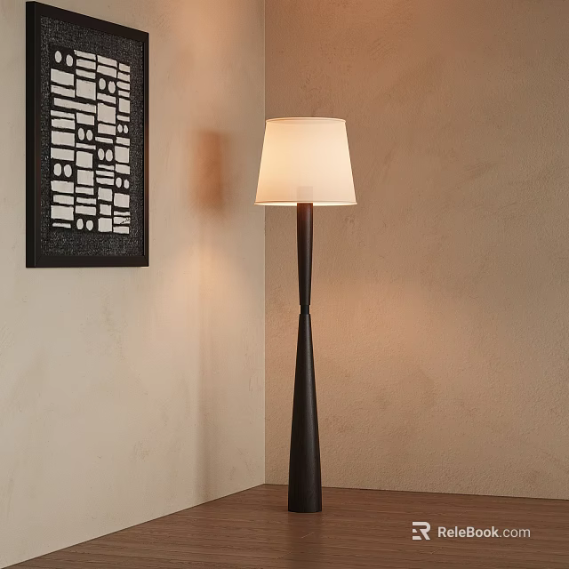 Minimalist Floor Lamp With White Shade Dark Stand And Decorative Wall Art In Indoor Corner 3d model 