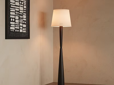 Minimalist Floor Lamp With White Shade Dark Stand And Decorative Wall Art In Indoor Corner 3d model