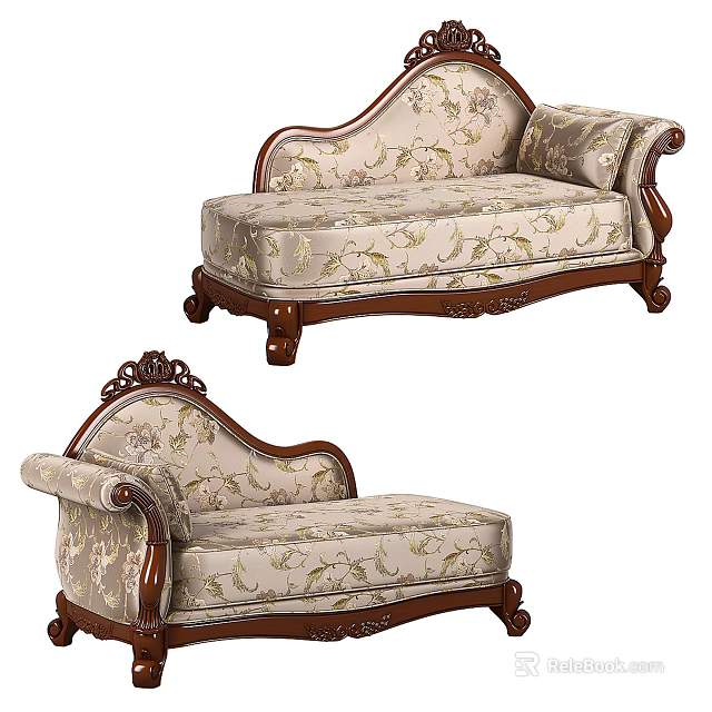 Classic Chaise Lounge With Carved Wooden Frame And Floral Upholstered Seat 3d model 