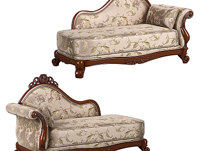 Classic Chaise Lounge With Carved Wooden Frame And Floral Upholstered Seat 3d model