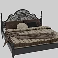 Elegant Double Bed with Black Frame Decorative Headboard Brown Beige Pillows and Striped Bedspread