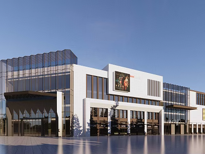 Modern Commercial Street With Glass Facade White Buildings Large Billboard And Spacious Plaza 3d model