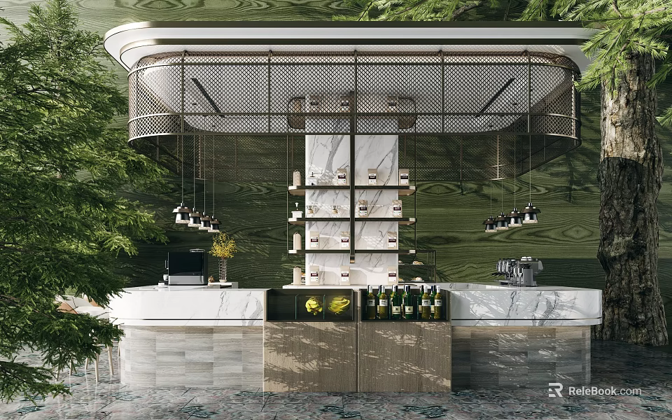 Modern Bar Counter Design With Marble Top Green Wall Hanging Lights And Wine 3d model 