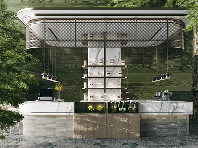 Modern Bar Counter Design With Marble Top Green Wall Hanging Lights And Wine 3d model