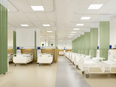 Hospital Outpatient Department Ward Interior With White Beds Green Curtains And Ceiling Lights 3d model