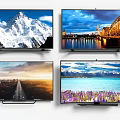 Multiple Televisions Displaying Various Scenic Views Including Snowy Mountains City Bridges Roads And Flower Fields