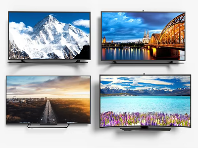Multiple Televisions Displaying Various Scenic Views Including Snowy Mountains City Bridges Roads And Flower Fields 3d model