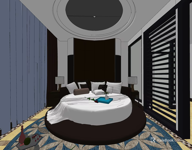 Hotel Room With Round Bed White Bedding Bedside Tables Lamps And Decorative Carpet 3d model 