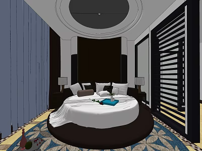 Hotel Room With Round Bed White Bedding Bedside Tables Lamps And Decorative Carpet 3d model