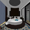 Hotel Room With Round Bed White Bedding Bedside Tables Lamps And Decorative Carpet